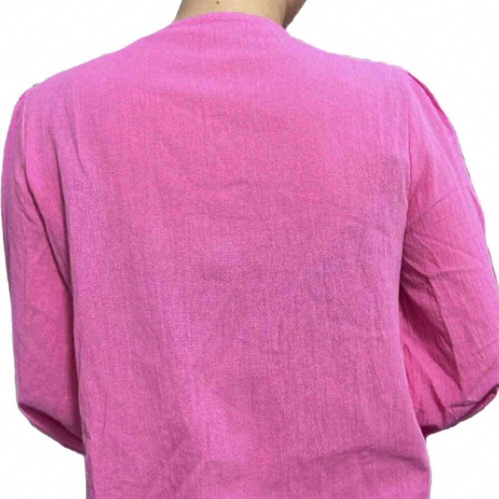 Hot Pink Casual Women's Solid Color Front Tie Lantern Sleeve Loose Blouse - Picture 2 of 5